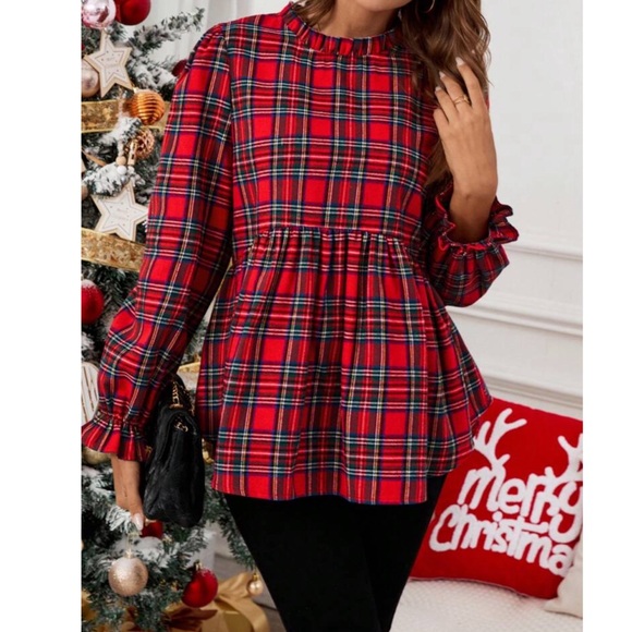 Red Plaid Ruffle Hem Flare Sleeve Tartan Long Sleeve Peplum Top - Picture 4 of 5